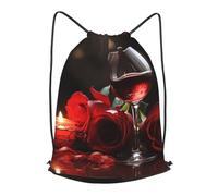 RLDOBOFE Drawstring Backpack Woemn Men Sports Gym Sack Lightweight Drawstring Bags Red Rose Wine Glass And Candle Cinch Bag Sackpack For Work Swim Travel