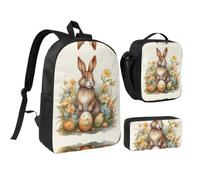 RLDOBOFE Easter Eggs and Rabbits Backpack Set 3 PCS - 17 Inch Laptop Backpack with Lunch Bag, Waterproof Daypack Insulated Lunch Box Large Capacity Coin Pouch Personalized Gift