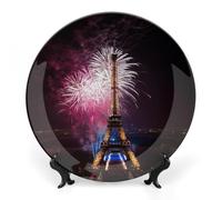 RLDOBOFE Eiffel Tower Fireworks Decorative Plate Ceramic Display Plate with Stand Salad Plates Colorful Porcelain Dinner Dishes Dessert Appetizer Dishes for Kitchen Party Table Decor 8inch