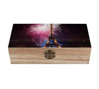 RLDOBOFE Eiffel Tower Fireworks Wooden Keepsake Box with Lids Wood Storage Box with A Hinged Lid Decorative Boxes Table Large Rectangular Organizer Container for Jewelry Photos Craft