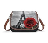 RLDOBOFE Eiffel Tower Red Rose Crossbody Bags for Women Vegan Leather Handbags with Adjustable Strap Trendy Medium Shoulder Bag Lightweight Travel Saddle Bag Little Purse Wallet
