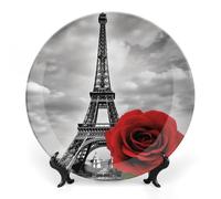 RLDOBOFE Eiffel Tower Red Rose Decorative Plate Ceramic Display Plate with Stand Salad Plates Colorful Porcelain Dinner Dishes Dessert Appetizer Dishes for Kitchen Party Table Decor 10inch