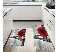 RLDOBOFE Eiffel Tower Red Rose Kitchen Mats Set of 2 Cushioned Anti-Fatigue Non-Slip Kitchen Runner Rugs Comfort Foam Standing Mat Absorbent Floor Rug for Office Sink Home Laundry