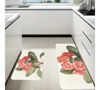 RLDOBOFE Elegant Red Flower Kitchen Mats Set of 2 Cushioned Anti-Fatigue Non-Slip Kitchen Runner Rugs Comfort Foam Standing Mat Absorbent Floor Rug for Office Sink Home Laundry
