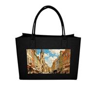 RLDOBOFE European Street View Felt Tote Bag Reusable Foldable Grocery Bag Versatile Large Capacity Commuter Handbag, Black, One Size