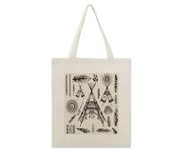 RLDOBOFE Feather Head Band Teepee Tent Print Canvas Tote Bag Reusable Grocery Bag Lightweight Shopping Cloth Bags with Long Handles Aesthetic Cute Shoulder Bags for Women Lady Casual Vacation