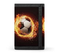 RLDOBOFE Fire Soccer Ball Trifold Wallet Minimalist Mens Wallet with Key Hook 8 Card Slots Modern Stylish Polyester Security Wallets Fashion Slim Credit Card Holder Id Window