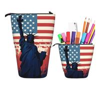 RLDOBOFE Flag with silhouette of Lady Liberty print Pencil Bag Stand-Up Retractable Pencil box Organizer Pen Holder Storage Bag Cosmetic Bag For Office Holiday Gift