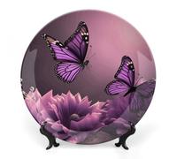 RLDOBOFE Flowers And Purple Butterfly Decorative Plate Ceramic Display Plate with Stand Salad Plates Colorful Porcelain Dinner Dishes Dessert Appetizer Dishes for Kitchen Party Table Decor 10inch