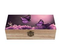RLDOBOFE Flowers And Purple Butterfly Wooden Keepsake Box with Lids Wood Storage Box with A Hinged Lid Decorative Boxes Table Large Rectangular Organizer Container for Jewelry Photos Craft