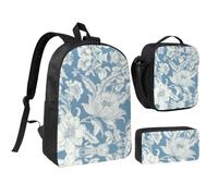 RLDOBOFE Flowers on Blue Background Backpack Set 3 PCS - 17 Inch Laptop Backpack with Lunch Bag, Waterproof Daypack Insulated Lunch Box Large Capacity Coin Pouch Personalized Gift