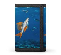 RLDOBOFE Flying Fish Trifold Wallet Minimalist Mens Wallet with Key Hook 8 Card Slots Modern Stylish Polyester Security Wallets Fashion Slim Credit Card Holder Id Window