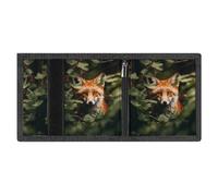 RLDOBOFE Fox Behind Tree Trifold Wallet Minimalist Mens Wallet with Key Hook 8 Card Slots Modern Stylish Polyester Security Wallets Fashion Slim Credit Card Holder Id Window