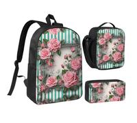 RLDOBOFE Frame with Pink Roses Backpack Set 3 PCS - 17 Inch Laptop Backpack with Lunch Bag, Waterproof Daypack Insulated Lunch Box Large Capacity Coin Pouch Personalized Gift