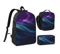RLDOBOFE Free Flowing Lines Backpack Set 3 PCS - 17 Inch Laptop Backpack with Lunch Bag, Waterproof Daypack Insulated Lunch Box Large Capacity Coin Pouch Personalized Gift