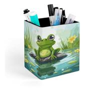 RLDOBOFE Frog in A Pond Square Pen Holder Non Slip Pencil Organizer PU Leather Makeup Brush Storage Organizer Personalized Pen Cup Caddy for Desk Office Classroom Home