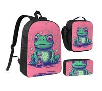 RLDOBOFE Frog Staring at Bottle Backpack Set 3 PCS - 17 Inch Laptop Backpack with Lunch Bag, Waterproof Daypack Insulated Lunch Box Large Capacity Coin Pouch Personalized Gift