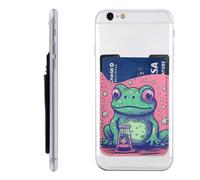 RLDOBOFE Frog Staring at Bottle Phone Wallet, Stick On Card Holder for Back of Phone Case - Leather Cell Phone Card Wallet Sleeve Adhesive Phone Pocket - Compatible with Most Cell Phones