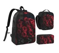 RLDOBOFE Full of Red Roses Backpack Set 3 PCS - 17 Inch Laptop Backpack with Lunch Bag, Waterproof Daypack Insulated Lunch Box Large Capacity Coin Pouch Personalized Gift