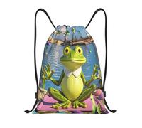RLDOBOFE Funny Yoga Frog Drawstring Backpack Sports Gym Sackpack Waterproof Swim Bag Men Women Draw String Bag, Black, S