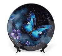 RLDOBOFE Galaxy Blue Butterfly Decorative Plate Ceramic Display Plate with Stand Salad Plates Colorful Porcelain Dinner Dishes Dessert Appetizer Dishes for Kitchen Party Table Decor 8inch
