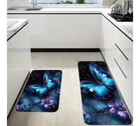 RLDOBOFE Galaxy Blue Butterfly Kitchen Mats Set of 2 Cushioned Anti-Fatigue Non-Slip Kitchen Runner Rugs Comfort Foam Standing Mat Absorbent Floor Rug for Office Sink Home Laundry