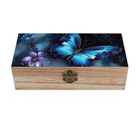 RLDOBOFE Galaxy Blue Butterfly Wooden Keepsake Box with Lids Wood Storage Box with A Hinged Lid Decorative Boxes Table Large Rectangular Organizer Container for Jewelry Photos Craft