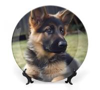RLDOBOFE German Shepherd Puppy Decorative Plate Ceramic Display Plate with Stand Salad Plates Colorful Porcelain Dinner Dishes Dessert Appetizer Dishes for Kitchen Party Table Decor 10inch