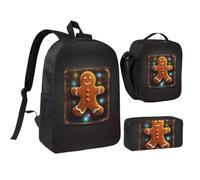 RLDOBOFE Gingerbread Man on Wooden Board Backpack Set 3 PCS - 17 Inch Laptop Backpack with Lunch Bag, Waterproof Daypack Insulated Lunch Box Large Capacity Coin Pouch Personalized Gift