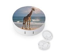 RLDOBOFE Giraffe on The Beach Round Contact Lens Case, Portable Contact Lens Box with Mirror, Compact Holder Container for Daily Makeup Office Travel Outdoor