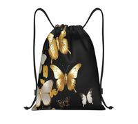 RLDOBOFE Gold White Butterflies Black Drawstring Backpack Sports Gym Sackpack Waterproof Swim Bag Men Women Draw String Bag, Black, M
