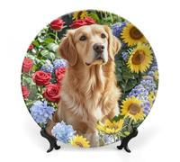 RLDOBOFE Golden Retriever And Flowers Decorative Plate Ceramic Display Plate with Stand Salad Plates Colorful Porcelain Dinner Dishes Dessert Appetizer Dishes for Kitchen Party Table Decor 7inch