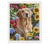 RLDOBOFE Golden Retriever and Flowers Diamond Painting Kit for Adults Round 5d Diamond Art Kits for Beginners DIY Full Drill Diamonds Dots Painting Gem Arts Crafts Home Wall Decor Gift 16"x20"