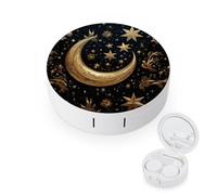 RLDOBOFE Golden Stars And Moon Round Contact Lens Case, Portable Contact Lens Box with Mirror, Compact Holder Container for Daily Makeup Office Travel Outdoor