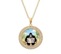 RLDOBOFE Gorilla Reading Newspaper Pendant Necklace Diamond Jewelry Golden Round Womens Necklaces Fashion Accessories Birthday Jewelry Gifts for Women Her Girlfriend Wife