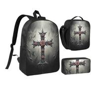 RLDOBOFE Gothic Christian Cross Pattern Backpack Set 3 PCS - 17 Inch Laptop Backpack with Lunch Bag, Waterproof Daypack Insulated Lunch Box Large Capacity Coin Pouch Personalized Gift