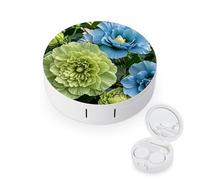 RLDOBOFE Green And Blue Hibiscus Flowers Round Contact Lens Case, Portable Contact Lens Box with Mirror, Compact Holder Container for Daily Makeup Office Travel Outdoor