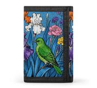 RLDOBOFE Green Bird And Flowers Trifold Wallet Minimalist Mens Wallet with Key Hook 8 Card Slots Modern Stylish Polyester Security Wallets Fashion Slim Credit Card Holder Id Window