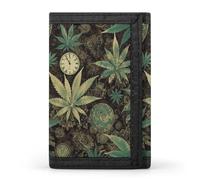 RLDOBOFE Green Leaf Trifold Wallet Minimalist Mens Wallet with Key Hook 8 Card Slots Modern Stylish Polyester Security Wallets Fashion Slim Credit Card Holder Id Window