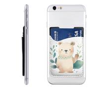 RLDOBOFE Green Leaves and Bear Phone Wallet, Stick On Card Holder for Back of Phone Case - Leather Cell Phone Card Wallet Sleeve Adhesive Phone Pocket - Compatible with Most Cell Phones