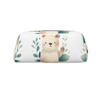 RLDOBOFE Green Leaves and Bear print Pencil Bag waterproof Zipper Pencil Case Leather Pen Box Cosmetic Bag For Office Pencil