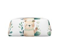 RLDOBOFE Green Leaves and Bear print Pencil Bag waterproof Zipper Pencil Case Leather Pen Box Cosmetic Bag For Office Pencil