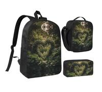 RLDOBOFE Green Leaves Heart Shape Backpack Set 3 PCS - 17 Inch Laptop Backpack with Lunch Bag, Waterproof Daypack Insulated Lunch Box Large Capacity Coin Pouch Personalized Gift