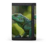 RLDOBOFE Green Lizard Trifold Wallet Minimalist Mens Wallet with Key Hook 8 Card Slots Modern Stylish Polyester Security Wallets Fashion Slim Credit Card Holder Id Window