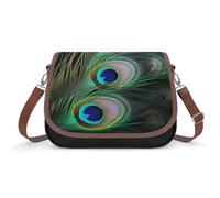 RLDOBOFE Green Peacock Feather Crossbody Bags for Women Vegan Leather Handbags with Adjustable Strap Trendy Medium Shoulder Bag Lightweight Travel Saddle Bag Little Purse Wallet