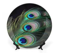 RLDOBOFE Green Peacock Feather Decorative Plate Ceramic Display Plate with Stand Salad Plates Colorful Porcelain Dinner Dishes Dessert Appetizer Dishes for Kitchen Party Table Decor 8inch