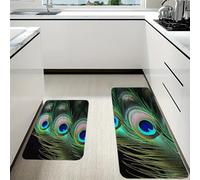 RLDOBOFE Green Peacock Feather Kitchen Mats Set of 2 Cushioned Anti-Fatigue Non-Slip Kitchen Runner Rugs Comfort Foam Standing Mat Absorbent Floor Rug for Office Sink Home Laundry