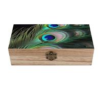 RLDOBOFE Green Peacock Feather Wooden Keepsake Box with Lids Wood Storage Box with A Hinged Lid Decorative Boxes Table Large Rectangular Organizer Container for Jewelry Photos Craft