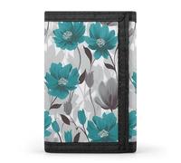 RLDOBOFE Grey And White Floral Trifold Wallet Minimalist Mens Wallet with Key Hook 8 Card Slots Modern Stylish Polyester Security Wallets Fashion Slim Credit Card Holder Id Window