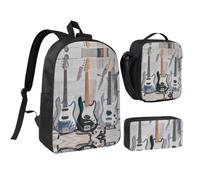 RLDOBOFE Guitar Bass Music Musical Instruments Backpack Set 3 PCS - 17 Inch Laptop Backpack with Lunch Bag, Waterproof Daypack Insulated Lunch Box Large Capacity Coin Pouch Personalized Gift